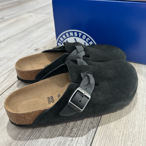 Birkenstock Boston Braided Black Suede Slip-On Clogs - Picture 3 of 6